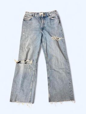 Zara Women's Light Blue Distressed Wide-Leg Jeans Size 6